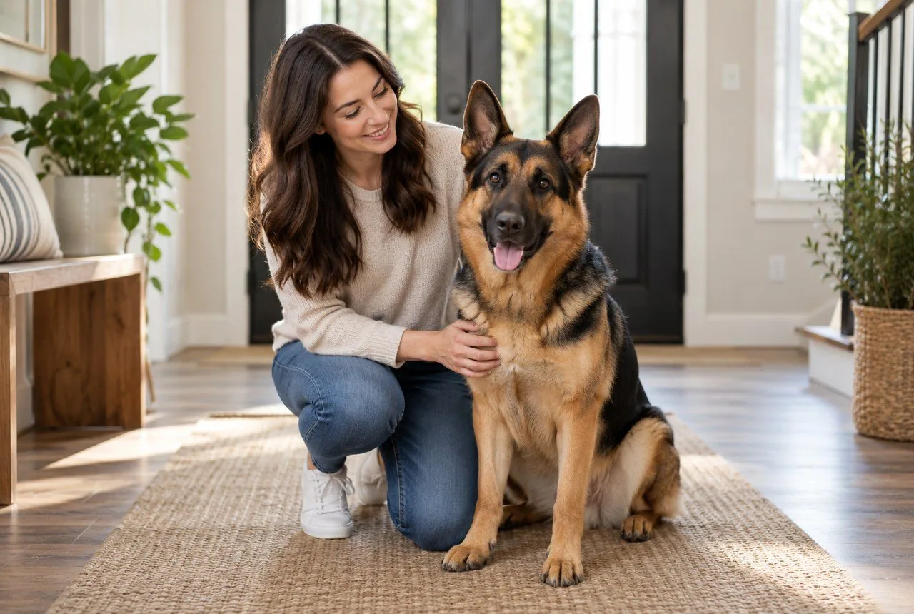 Owner sitting beside a large dog near a doorway